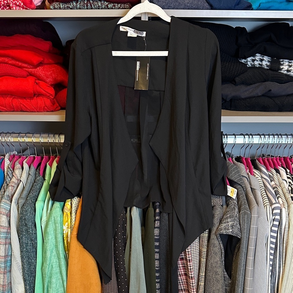Necessary Objects black mixed media roll tab sleeve open front jacket size S NWT